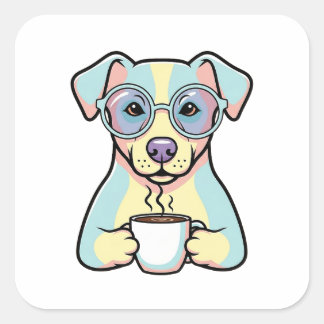 Sticker Carré Coffee Dog with Glasses – Cute Whimsical Illustrat