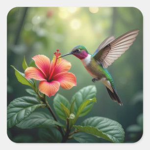 Sticker Carré Colibri en hibiscus