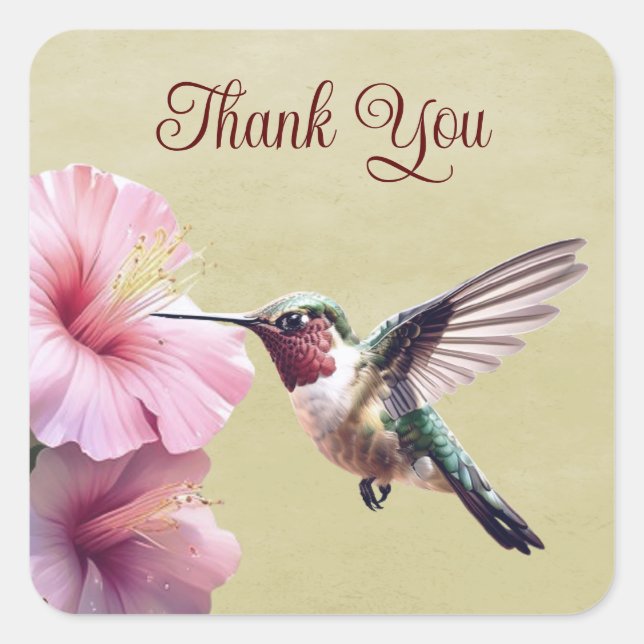 Sticker Carré Colibri et Hibiscus | Merci jaune (Devant)