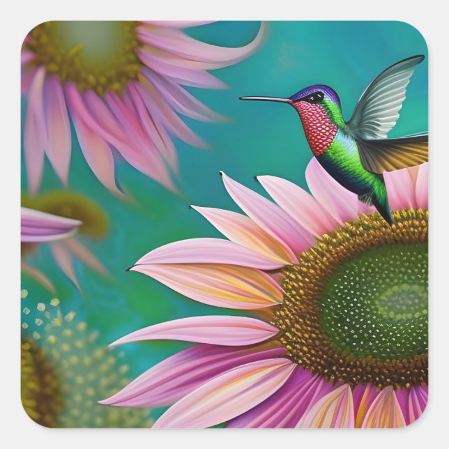 Sticker Carré Colibri et tournesol rose (Devant)