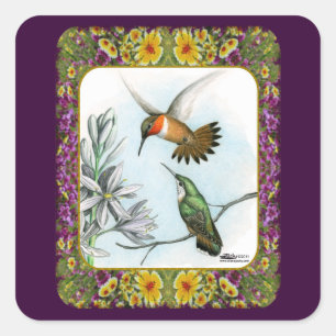 Sticker Carré Colibris et Fleurs #2