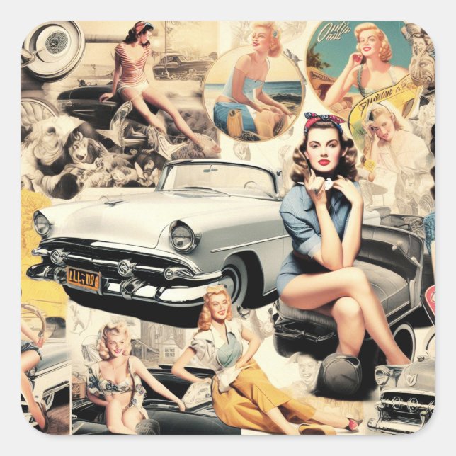 Sticker Carré Collage Des Filles Rétro Des Années 1950 (Devant)