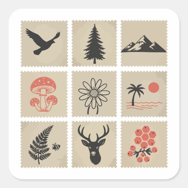 Sticker Carré Collage des timbres de nature (Devant)