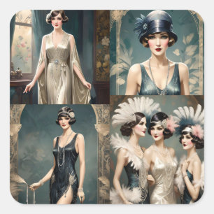Sticker Carré Collage photo féminin des années 1920,