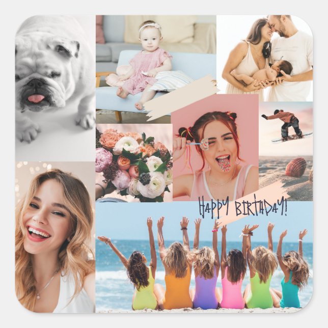 Sticker Carré Collage photo moderne Joyeux anniversaire mignon (Devant)