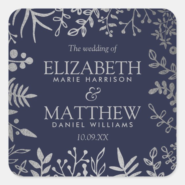 Sticker Carré Collection de Mariages floraux en argent et marine (Devant)