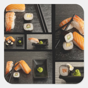 Sticker Carré Collection de sushi sur l'arrière - plan noir