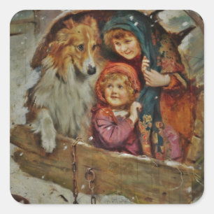 Sticker Carré Collie et les enfants dans la niche
