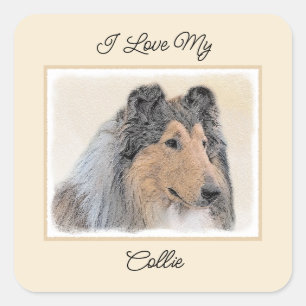 Sticker Carré Collie (Rough) Peinture - Cute Original Chien Art