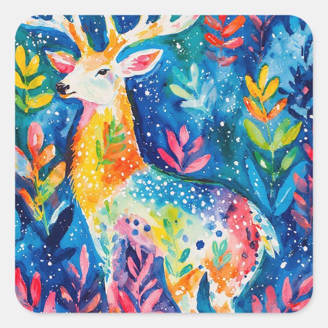 Sticker Carré Colorful Winter Deer Watercolor (Devant)
