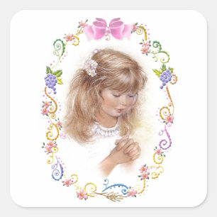 Sticker Carré Communion, fille de confirmation avec fleurs