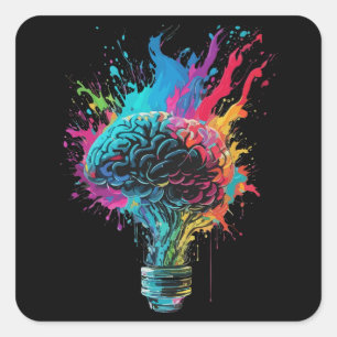 Sticker Carré Conception de cerveau avec explosion d'ampoule col