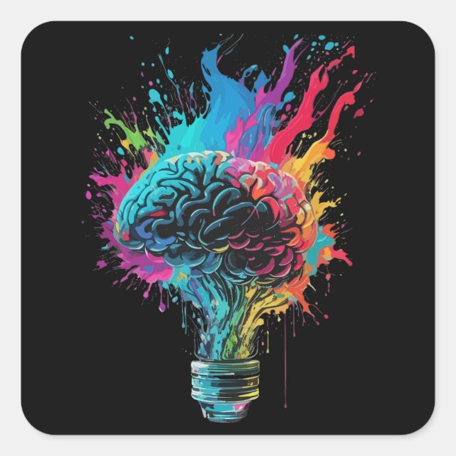 Sticker Carré Conception de cerveau avec explosion d'ampoule col (Devant)