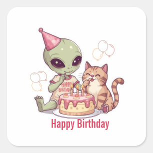 Sticker Carré Conception de fête d'anniversaire d'alien mignon