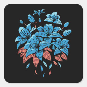 STICKER CARRÉ CONCEPTION DE FLEURS DE LIGNES BLEUES