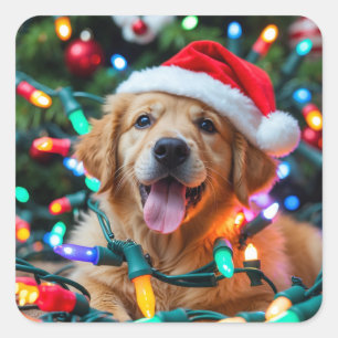 Sticker Carré Conception drôle de Noël de Golden Retriever – Chi