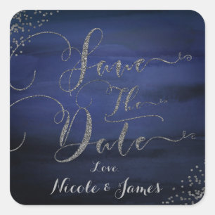 Sticker Carré Confettis Argent Bleu Aquarelle Moderne Annonce de