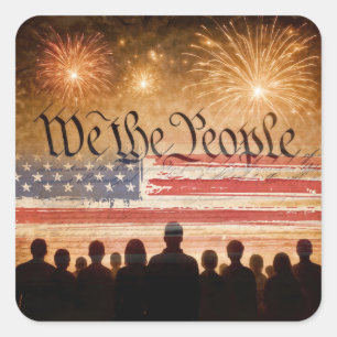 Sticker Carré Constitution des États-Unis avec feux d'artifice e