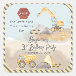 Sticker Carré Construction Dump Truck Boy 3e fête d'anniversaire