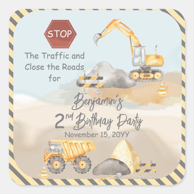 Sticker Carré Construction Dump Truck Boy fête le 2e anniversair (Devant)