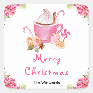 Sticker Carré Cookies de vacances et cacao rose Joyeux Noël