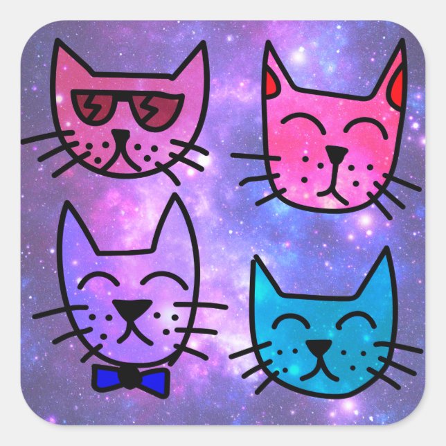 Sticker Carré Cool Cat face sur un Arrière - plan spatial (Devant)