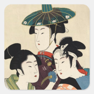 Sticker Carré Cool japonais vintage ukiyo-e trio dame geisha art