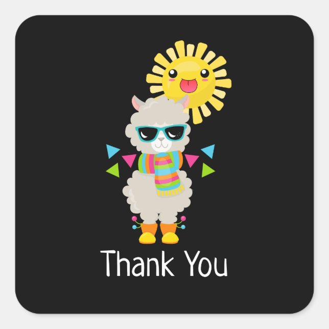 Sticker Carré Cool Llama et souriant Kawaii Sun Merci (Devant)