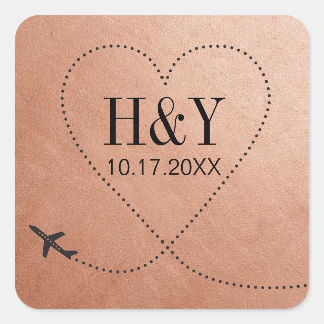 Sticker Carré Copper Destination Voyage Mariage Plan Monogramme (Devant)