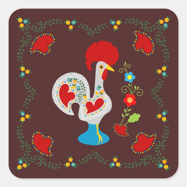 Sticker Carré Coq traditionnel de Barcelos en blanc (Devant)