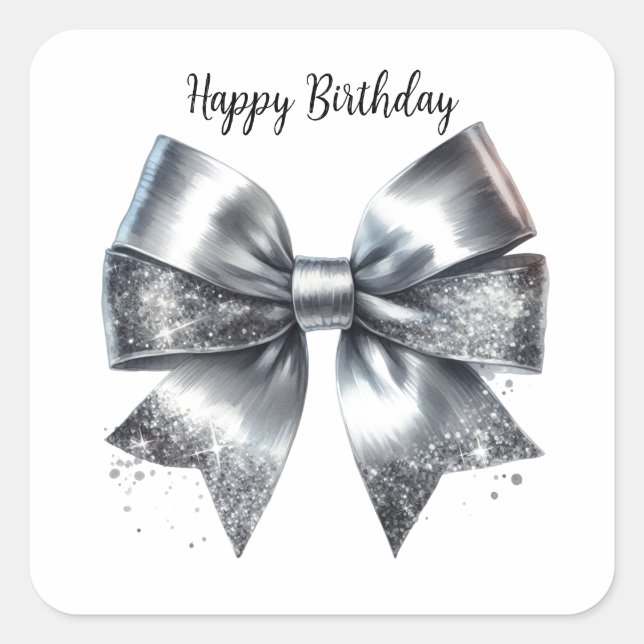 Sticker Carré Coquette Argent Bow métallique Anniversaire (Devant)
