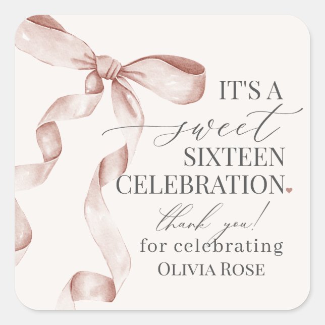 Sticker Carré Coquette Beige Bow Sweet 16 Anniversaire Fête Fave (Devant)