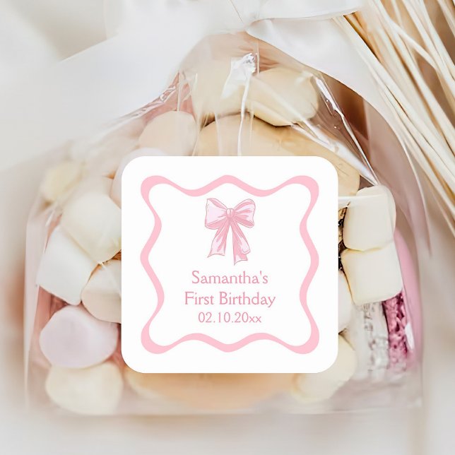 Sticker Carré Coquette rose Bow fête d'anniversaire (Créateur téléchargé)