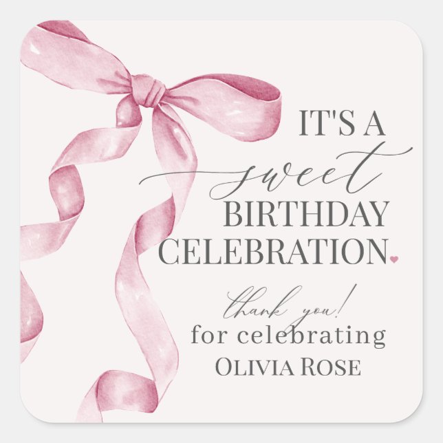 Sticker Carré Coquette Rose Bow Fille Anniversaire Fête Favorise (Devant)
