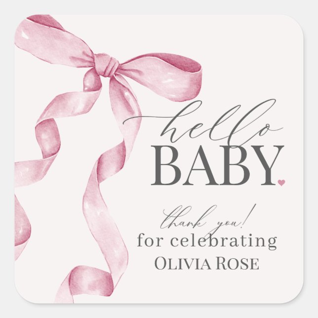 Sticker Carré Coquette Rose Bow fille Baby shower Favoriser (Devant)