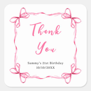 Sticker Carré Coquette rose Ruban Merci de fête d'anniversaire