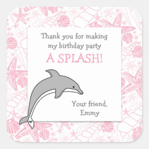 Sticker Carré Coquillages de dauphins roses fête d'anniversaire 