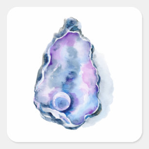 Sticker Carré Coquille d'huître d'aquarelle avec la perle