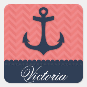 Sticker Carré Corail marin rose marine bleu Ancre Nom personnali