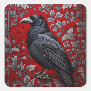 Sticker Carré Corbeau noir floral rouge inspiré de William Morri