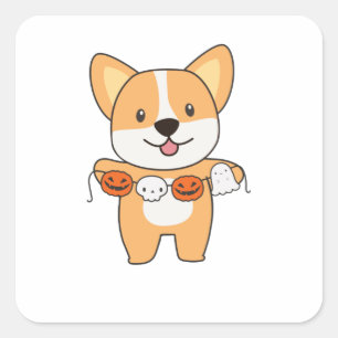 Sticker Carré Corgi Happy Halloween Dog Costume
