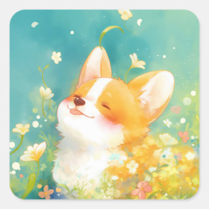 Sticker Carré Corgi rêvassant entouré de fleurs