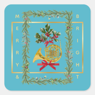 Sticker Carré Corne française élégante Noël Turquoise