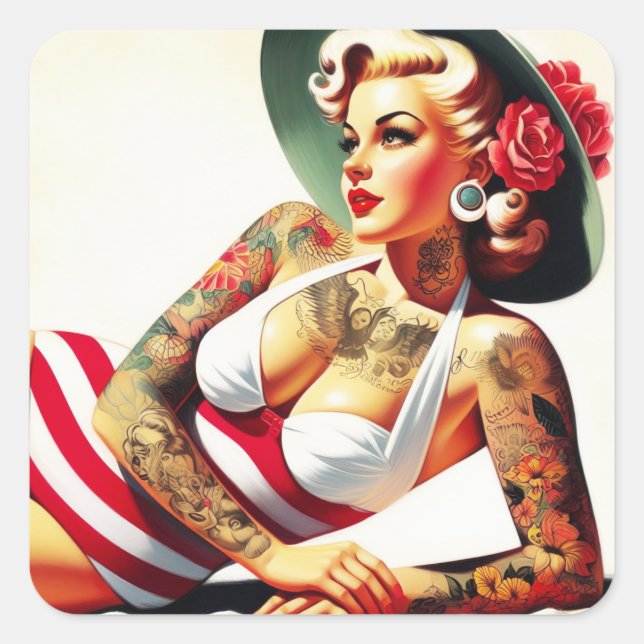 Sticker Carré Costume de bain tatoué rétro Pin-up (Devant)