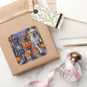 Sticker Carré Costumes d'Halloween pour Bullmastiff allant cherc