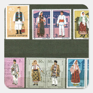 Sticker Carré Costumes folkloriques roumains sur des timbres