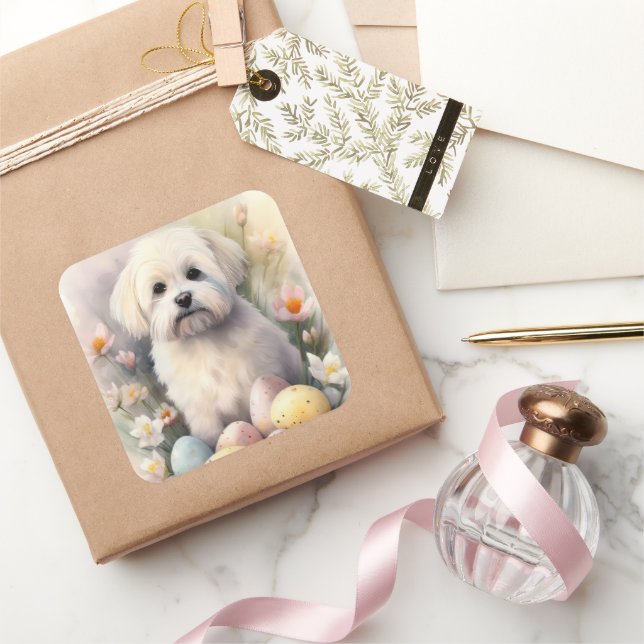 Sticker Carré Coton De Tulear avec oeufs de Pâques vacances (Cadeaux)