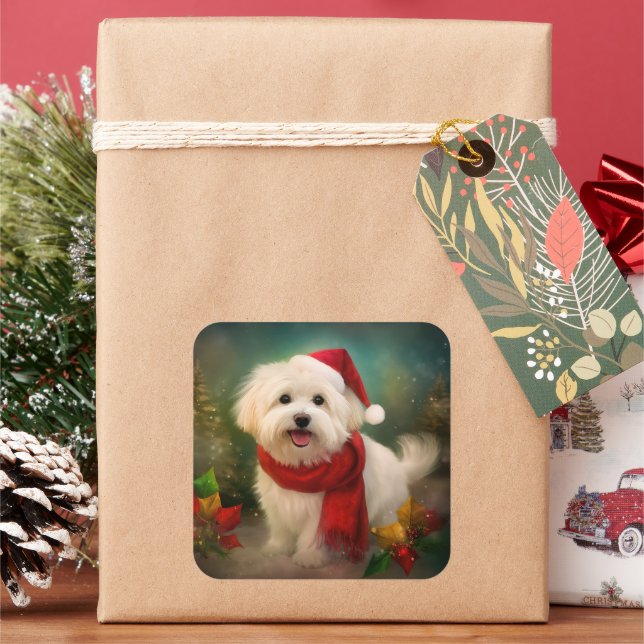 Sticker Carré Coton De Tulear Chien dans la neige Noël (vacances)