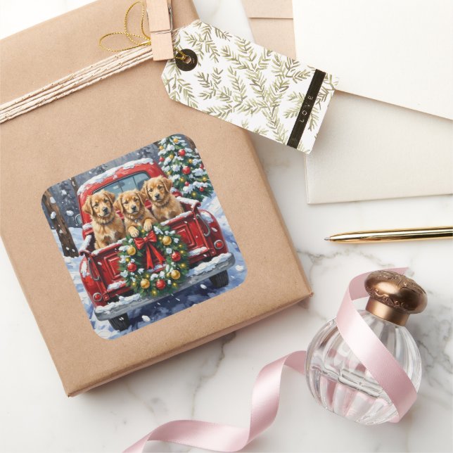 Sticker Carré Coton de Tulear Christmas Red Truck Holiday (Cadeaux)