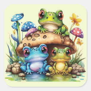 Sticker Carré Cottagecore Toadstool Champignons et grenouille